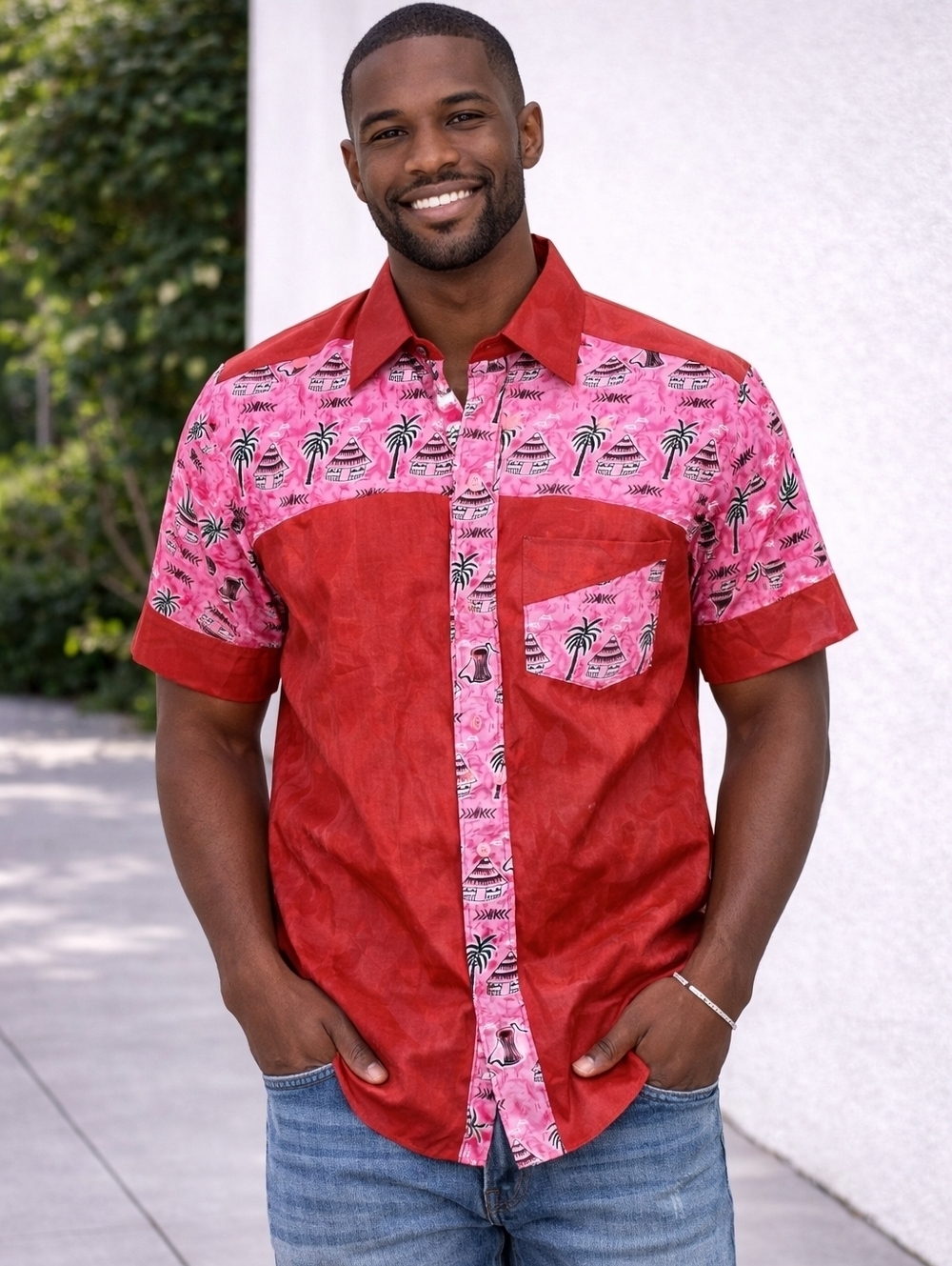 Medium African Ankara Wax Print Hawaiian Shirt for Men Dark Red Pink & Black